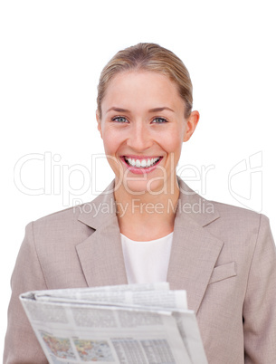 businesswoman reading a newspaper