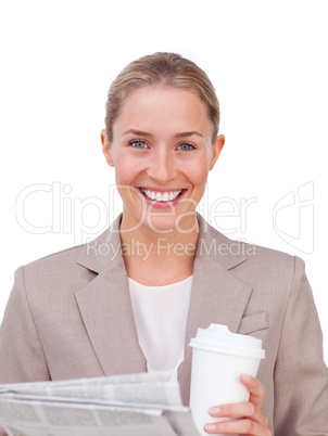 businesswoman with coffee and newspaper