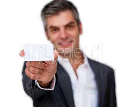businessman showing a white card