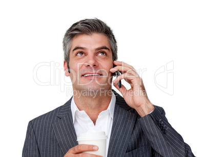 businessman on phone looking up