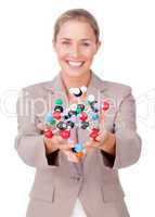 businesswoman holding a molecule