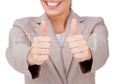 businesswoman with thumbs up