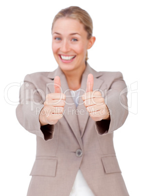 businesswoman with thumbs up