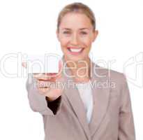 businesswoman holding a white card