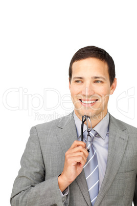 businessman holding glasses