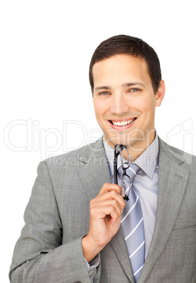 businessman holding glasses