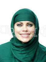 woman in a green linen cape