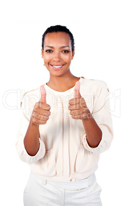 Positive businesswoman with thumbs up