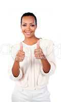 Positive businesswoman with thumbs up