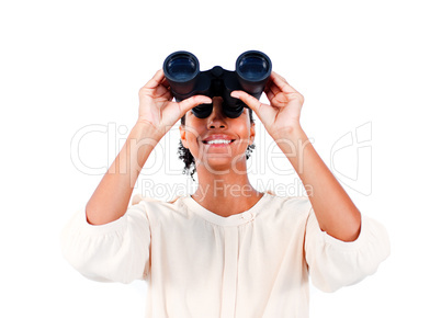 businesswoman looking through binoculars