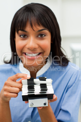 businesswoman with card holder
