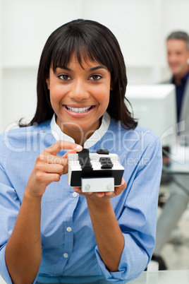 businesswoman with card holder