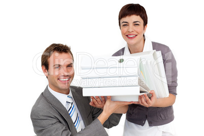 Businesswoman bringing folders