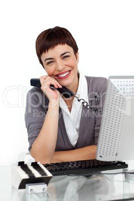 businesswoman holding a telephone