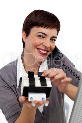 businesswoman with card holder