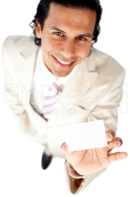 Charming businessman holding a white card