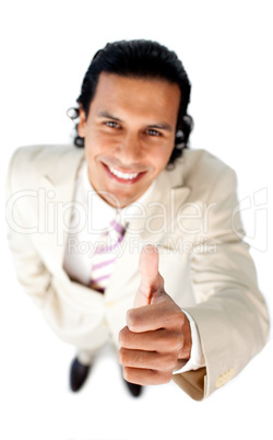 Cheerful businessman with thumb up