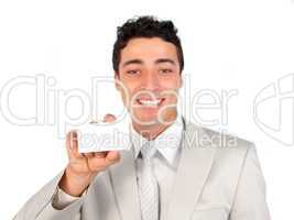 Ethnic charming businessman holding a white card