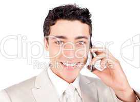 Attractive ethnic businessman talking on phone