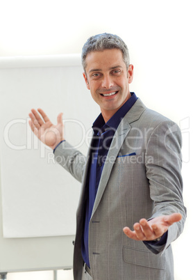 Charming businessman pointing at a board
