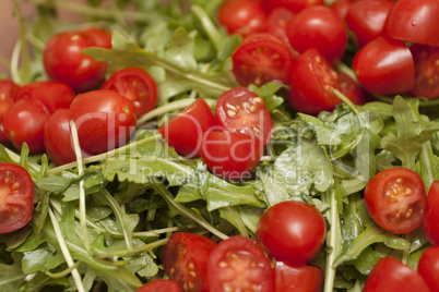 Rucola mit halbierten Pflaumentomaten