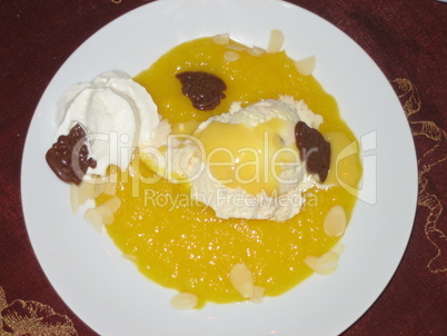 Vanilla Ice Cream on Mango Mousse