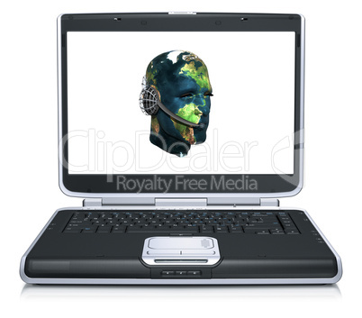 3d model of the man head world map textured on laptop screen