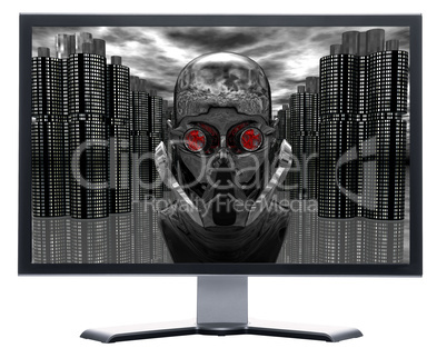 monitor with cyborg head isolated on white