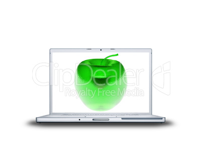 3D green glass apple on laptop