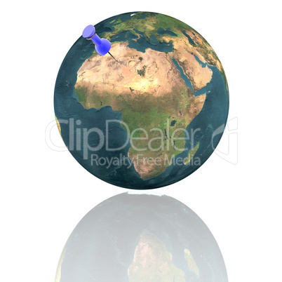 earth with blue pushpin isolated on white