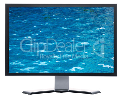 monitor with blue water with reflection