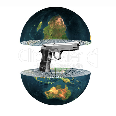 two earth hemisphere with gun isolated on white