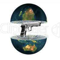 two earth hemisphere with gun isolated on white