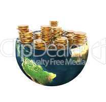 golden coins on earth hemisphere isolated on a white
