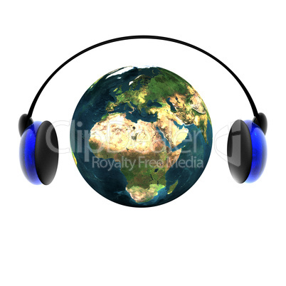 3D music globe with headphone isolated on a white