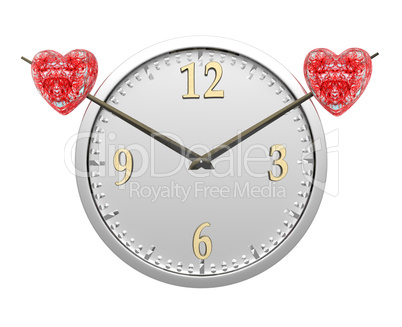 wall clock with two red hearts isolated on white