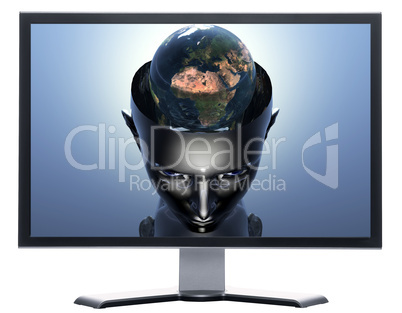 monitor with 3D earth in 3D cyborg girl head