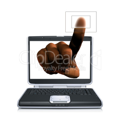Laptop with pointing hand on screen isolated on white