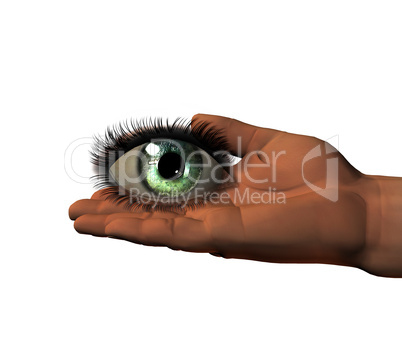 girl eye on 3D hand isolated on white