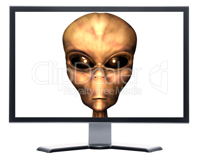 monitor with 3D alien head