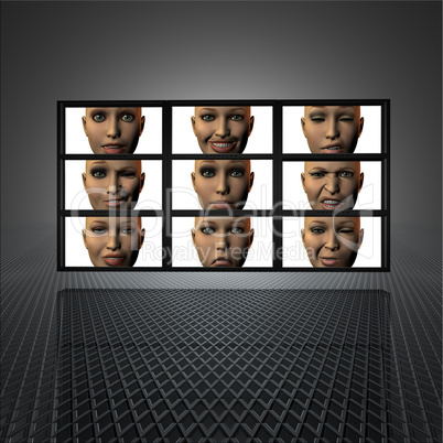 video wall with girl faces on the screens
