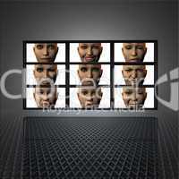 video wall with girl faces on the screens