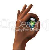 3D earth in 3D hand OK sign