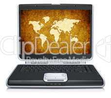 retro model of the geographical world map on laptop screen