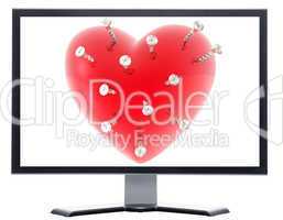monitor with 3d virtual girl with red hearts