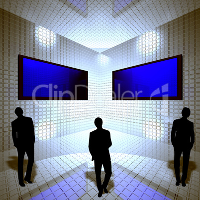 businessman and monitor in grid room