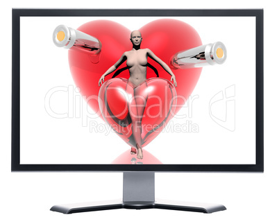 monitor with 3d virtual girl with red hearts background