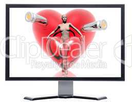 monitor with 3d virtual girl with red hearts background