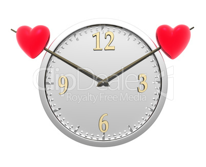 wall clock with two red hearts isolated on white