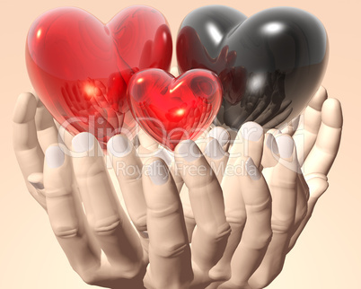 bright red glass hearts in hands